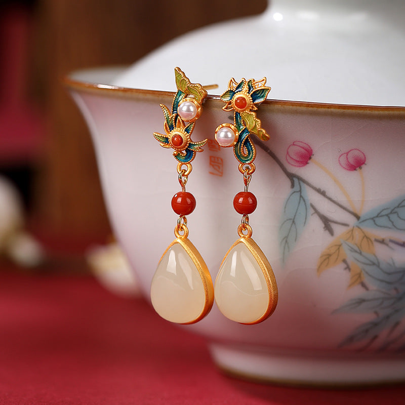 S925 sterling silver gold-plated cloisonne and Hetian jade earrings Retro personalized lotus water drop earrings