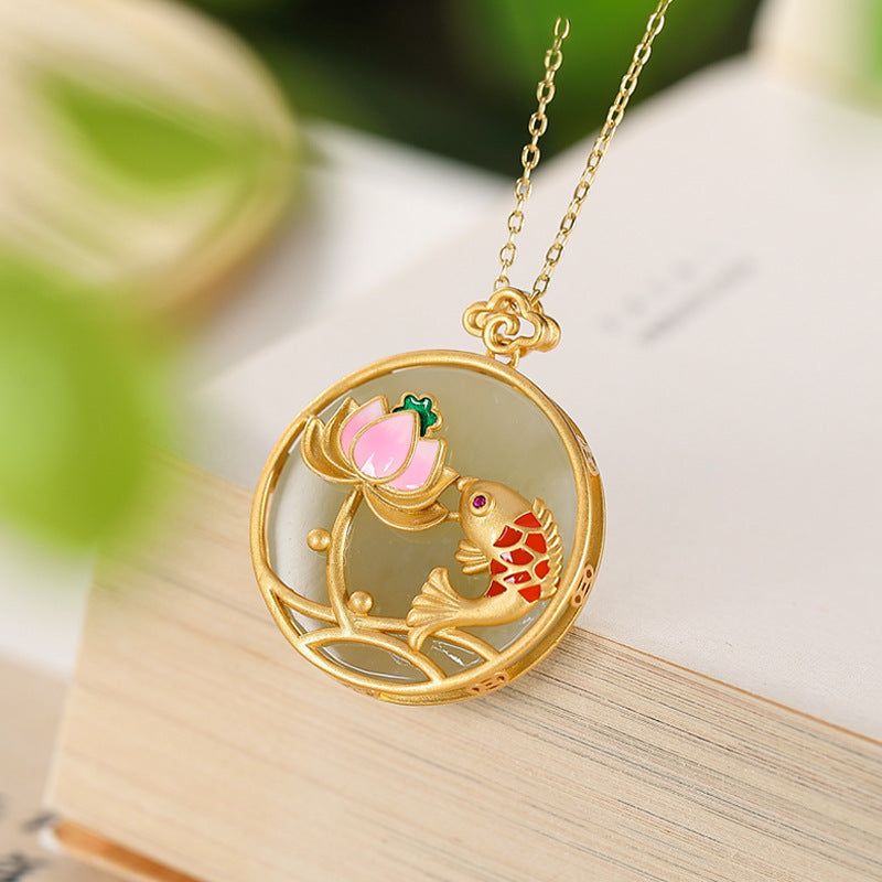 S925 sterling silver gold-plated natural Hetian jade sapphire cloisonne carp lotus peace buckle pendant Retro style pendant