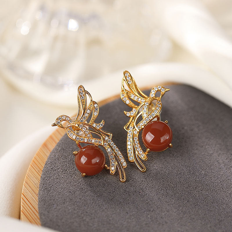 S925 sterling silver gold-plated red agate magpie earrings | Personalized light luxury exquisite temperament women's earrings