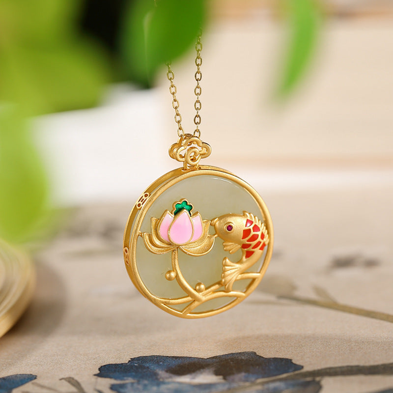 S925 sterling silver gold-plated natural Hetian jade sapphire cloisonne carp lotus peace buckle pendant Retro style pendant