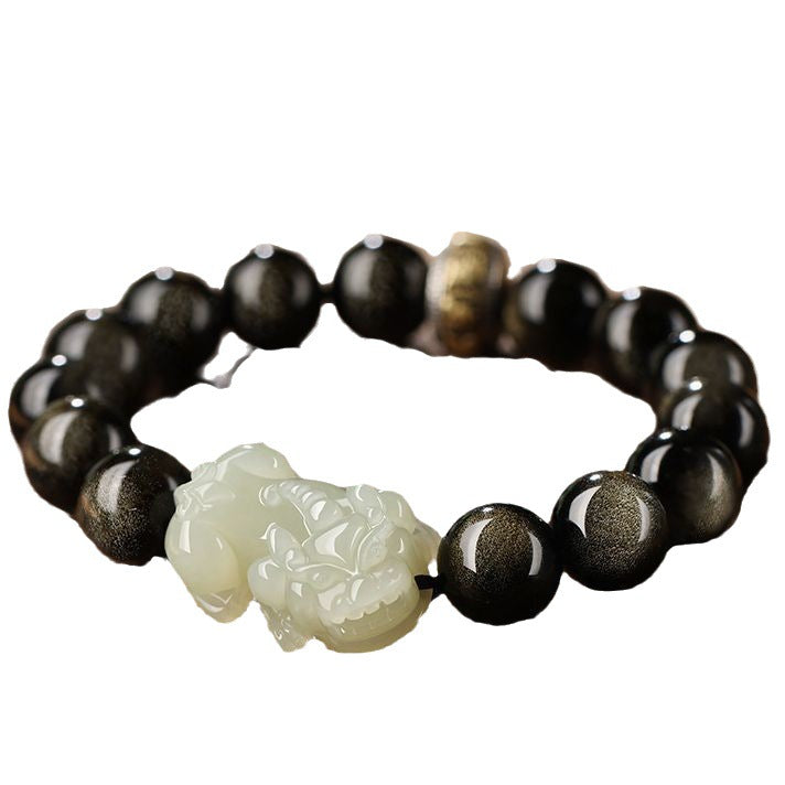 925silver Hetian Jade Obsidian Pixiu Six-Character Mantra Fortune-Teleporting Beads