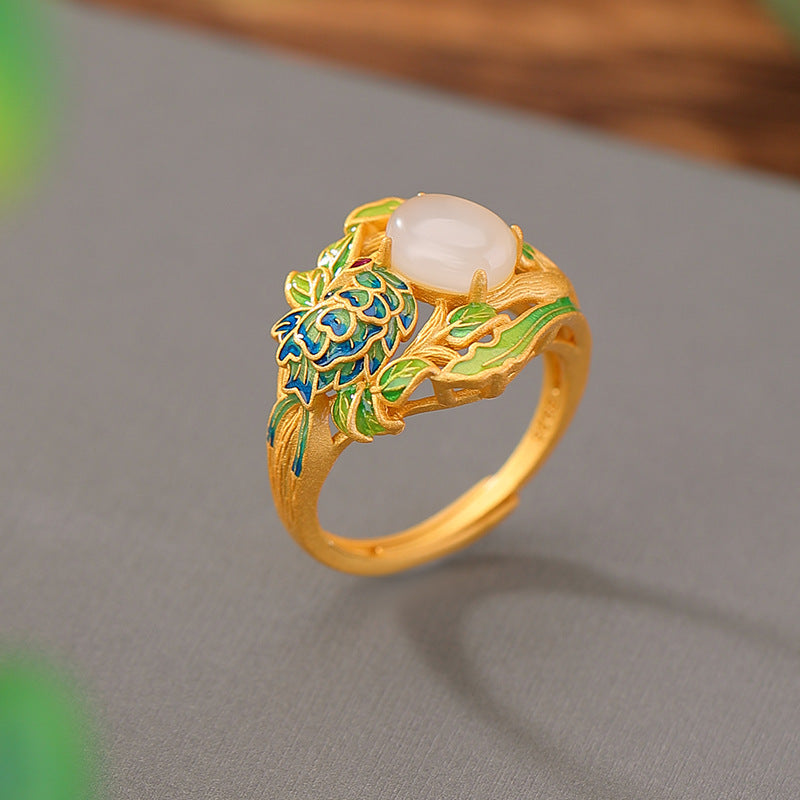 S925 sterling silver gold-plated Hetian jade Qinghai white jade peony ring  National trend enamel flower silver ring