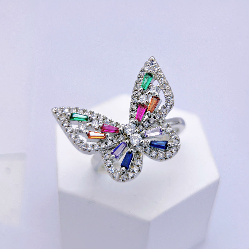 Fashionable Hollow Design Zircon Ring - Open Adjustable Butterfly Ring with Multicolored Zircon Gems, Light Luxury Accessory