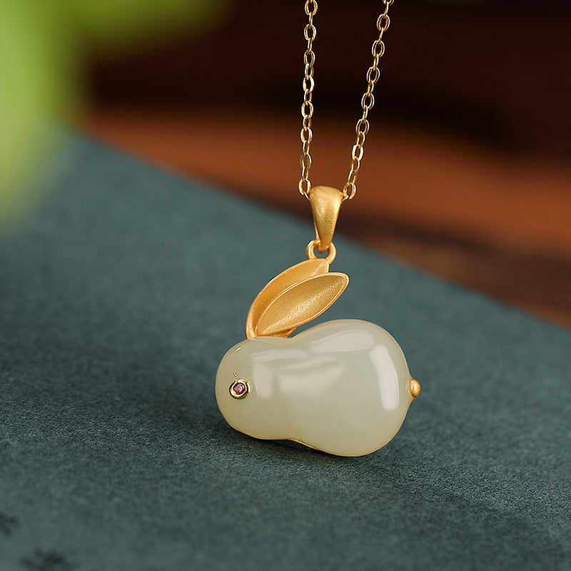 S925 Sterling Silver Gold-Plated Hetian Jade Rabbit Jewelry Set - Cute Earrings, Pendant, and Ring