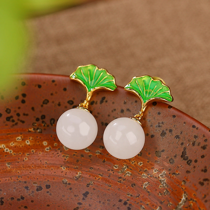 S925 sterling silver gold-plated white jade ginkgo leaf round bead earrings necklace  Pastoral fresh temperament female necklace