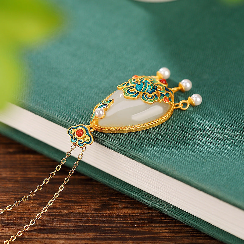 S925 sterling silver gold-plated Hetian jade national tide cloisonne carp Ruyi water drop tassel pendant