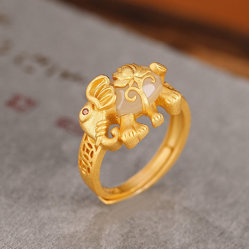 S925 sterling silver gold-plated Hetian jade hollow coin elephant lotus ring  Creative personality auspicious ring