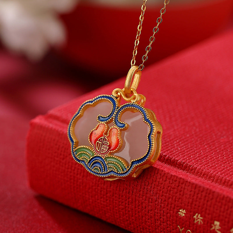 S925 sterling silver gold-plated cloisonne natural Hetian jade pendant  Chinese style blessing auspicious cloud Ruyi pendant