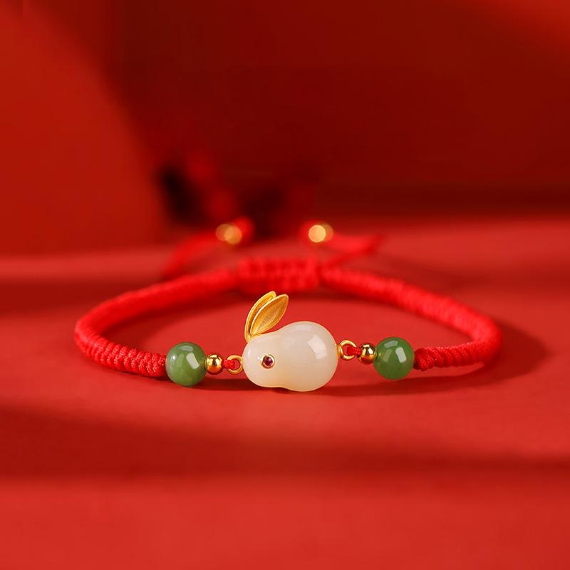 925 sterling silver Hetian jade rabbit round braided red rope