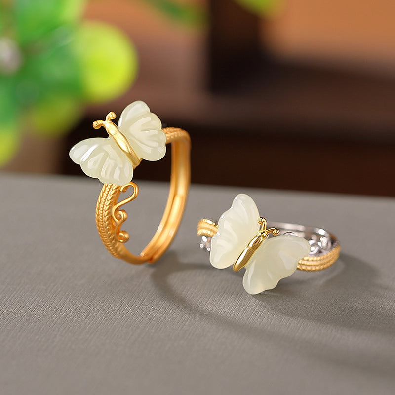 S925 sterling silver and gold-plated Hetian jade butterfly ring