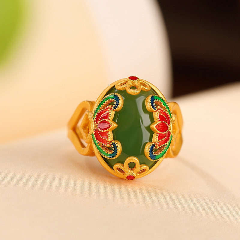 S925 sterling silver gold-plated Hetian Jasper Cloisonne Lotus Ring with adjustable opening