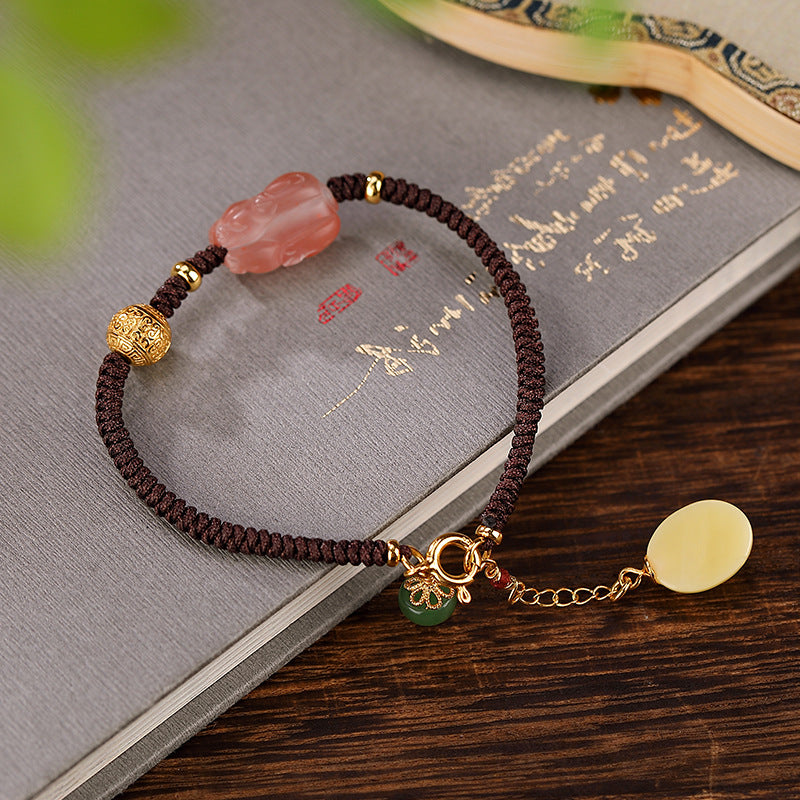 925 Sterling Silver Nanhong Amber Feng Shui Pi Xiu Handmade Braided Bracelet