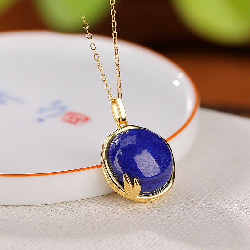 S925 Sterling Silver Gold Plated Lapis Lazuli Round Ring Set - Rings and Necklaces