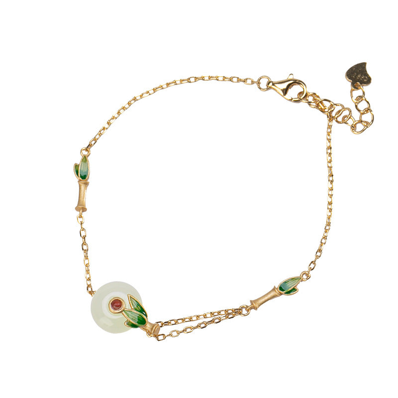 S925 sterling silver gold-plated cloisonne and Hetian jade bamboo leaf peace buckle necklace ring bracelet set  Retro temperament national trend style