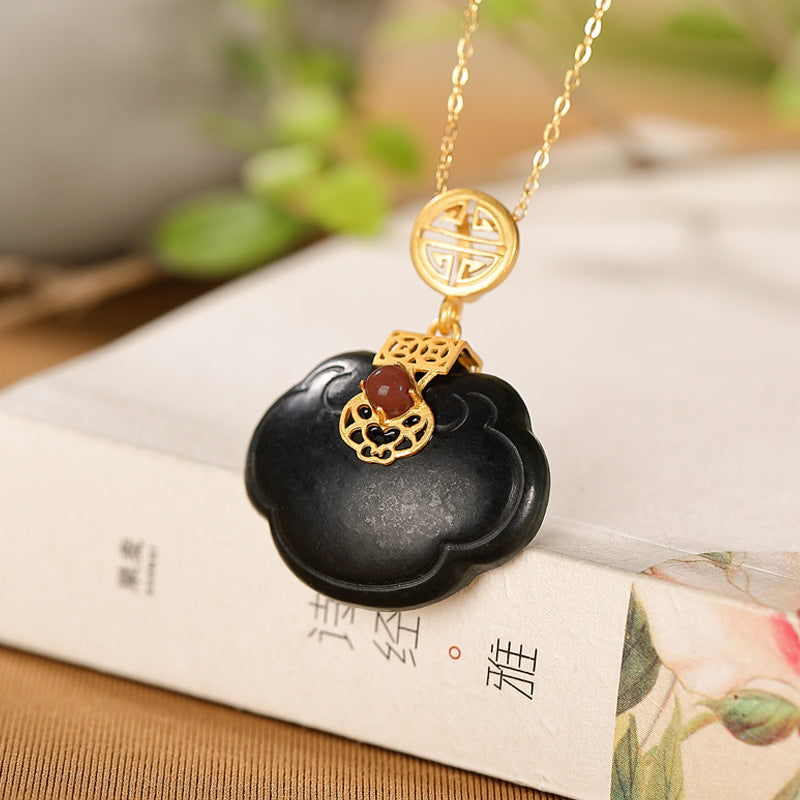 S925 sterling silver gold-plated black jade necklace Natural Hetian jade Ruyi necklace