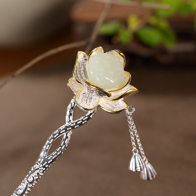 S925 sterling silver gold-plated Hetian jade lotus earrings, rings, pendants, and hairpins set  Elegant female jewelry