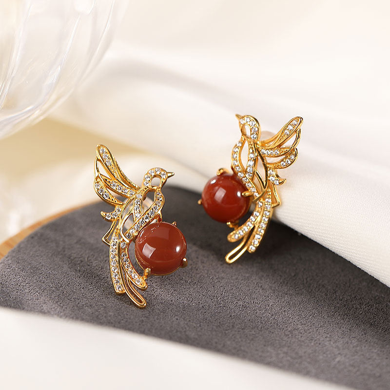 S925 sterling silver gold-plated red agate magpie earrings | Personalized light luxury exquisite temperament women's earrings