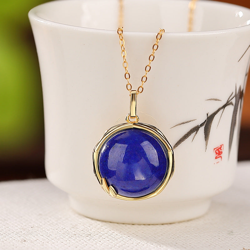 S925 Sterling Silver Gold Plated Lapis Lazuli Round Ring Set - Rings and Necklaces