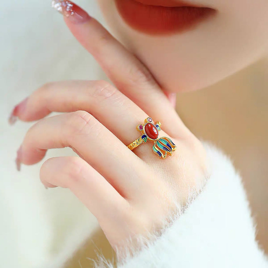 Chinese red koi ring national style temperament literary folk style adjustable ring