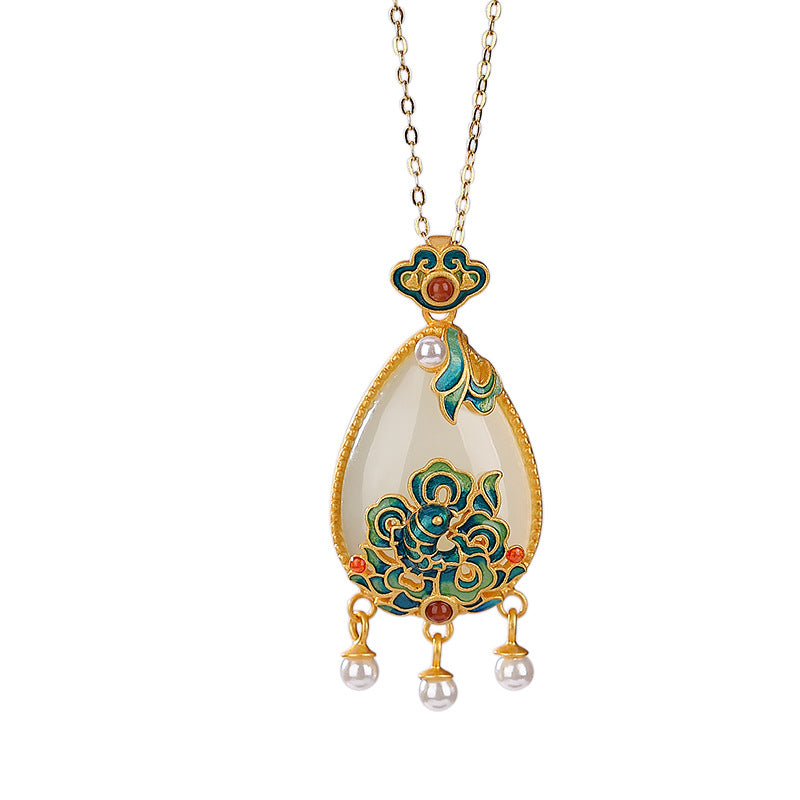 S925 sterling silver gold-plated Hetian jade national tide cloisonne carp Ruyi water drop tassel pendant