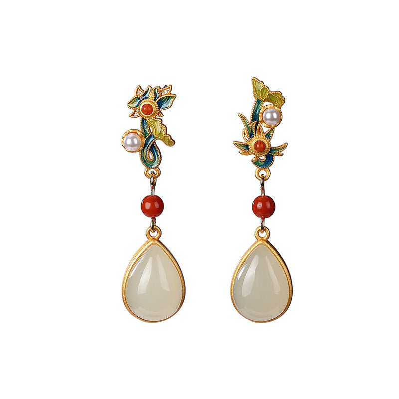 S925 sterling silver gold-plated cloisonne and Hetian jade earrings Retro personalized lotus water drop earrings