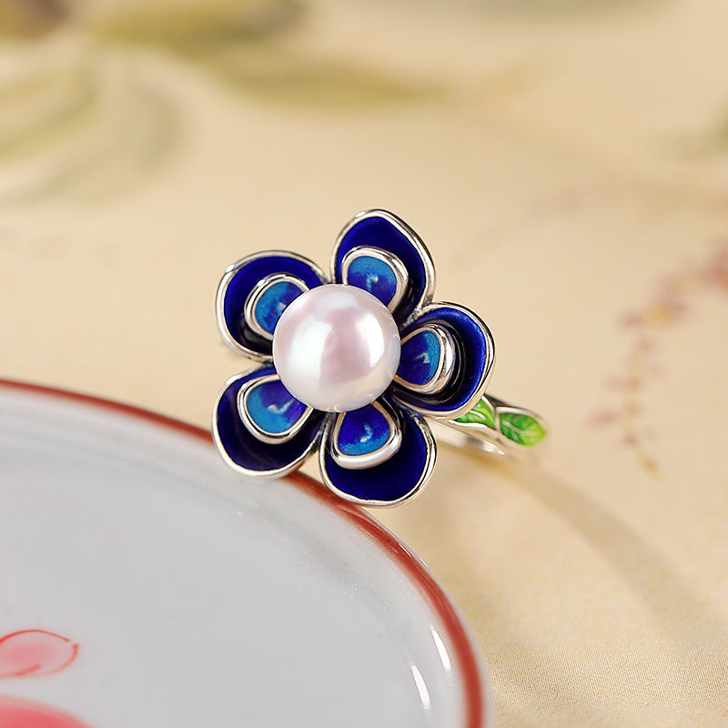 S925 sterling silver cloisonne pearl flower ring Chinese style cheongsam Hanfu accessories elegant literary ring