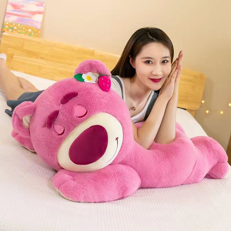 Strawberry Bear Plush Toy in Lying Position - Soft Stuffed Teddy Bear Pillow