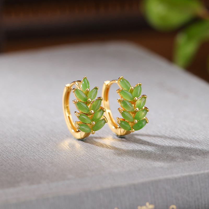 S925 sterling silver gold-plated Hetian jade jasper gold branches and jade leaves Chinese style elegant silver earrings