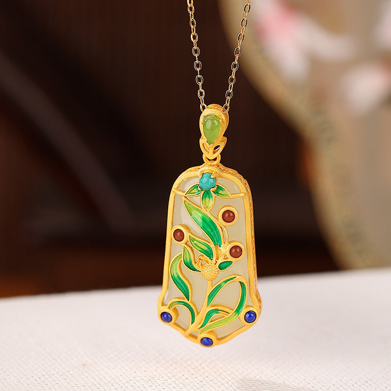 S925 sterling silver gold-plated Hetian jade national tide cloisonné pendant Ancient style enamel leaf pendant