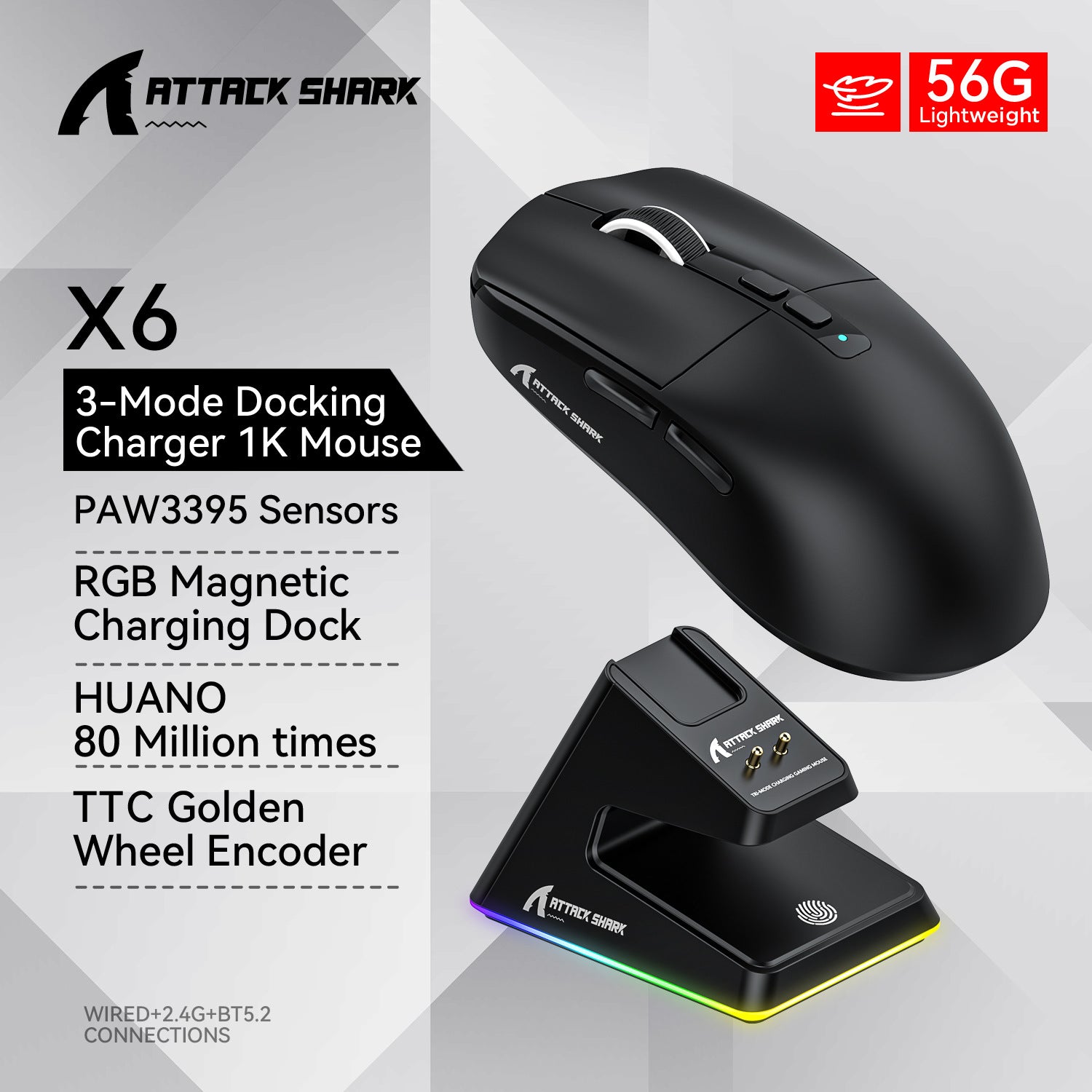 Attack Shark X6 Mouse - Lightweight PAW3395 Gaming Mouse, Triple-Mode Wireless and Bluetooth, with RGB Charging Base