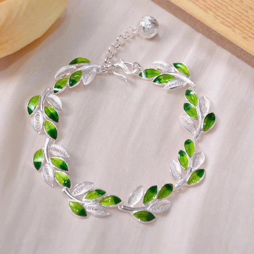 Chinese enamel drip glaze retro national style leaf flower bracelet