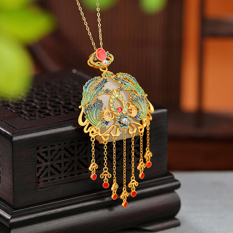 S925 sterling silver gold-plated Hetian jade national tide cloisonne phoenix tassel pendant