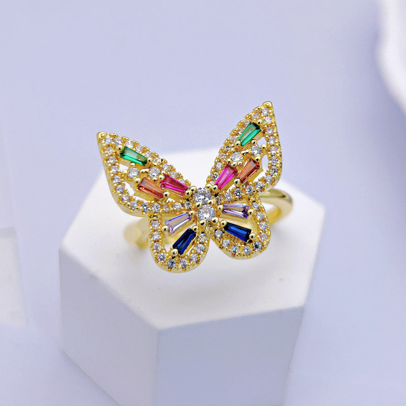 Fashionable Hollow Design Zircon Ring - Open Adjustable Butterfly Ring with Multicolored Zircon Gems, Light Luxury Accessory