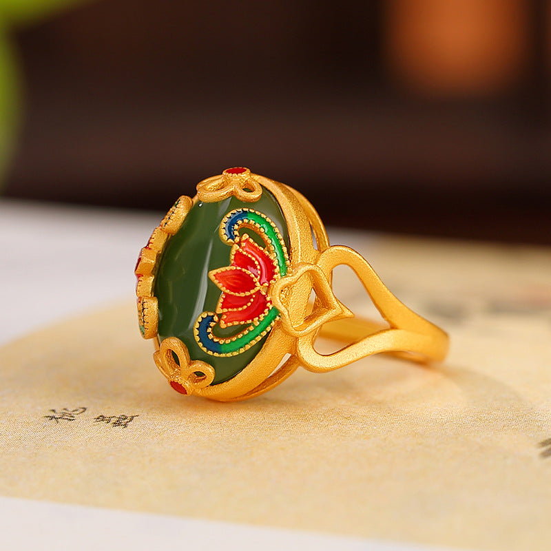 S925 sterling silver gold-plated Hetian Jasper Cloisonne Lotus Ring with adjustable opening