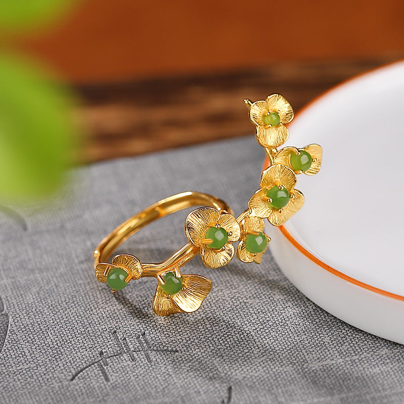 S925 sterling silver gold-plated Hetian jade jasper blooming flowers ring ancient style retro niche elegant ring