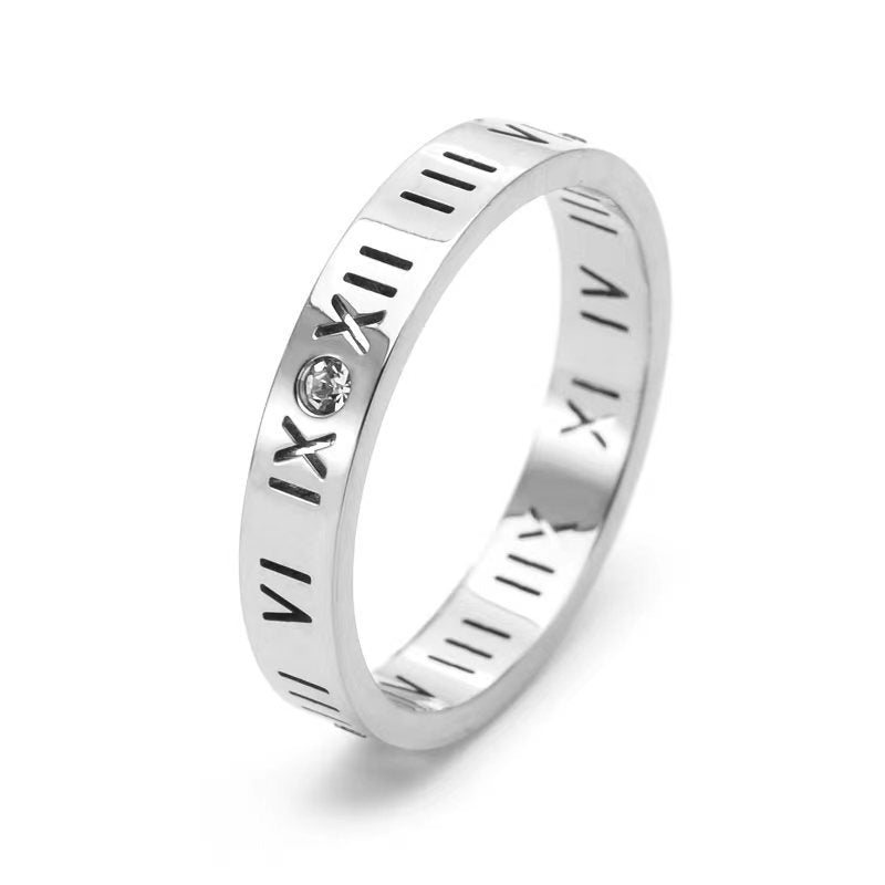 Titanium Steel Roman Numeral Ring with Diamonds - Non-Fading, Personalized Couple Ring for Men and Women