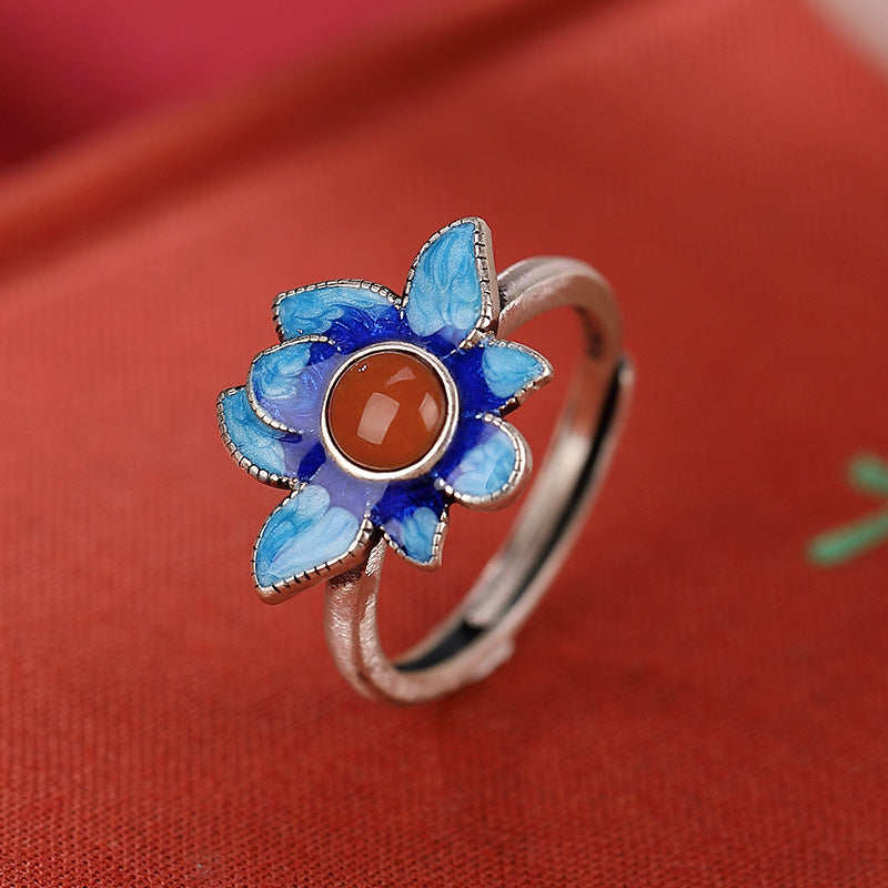 S925 sterling silver Nanhong cloisonne vintage lotus ring  Guochao enamel personality open ring