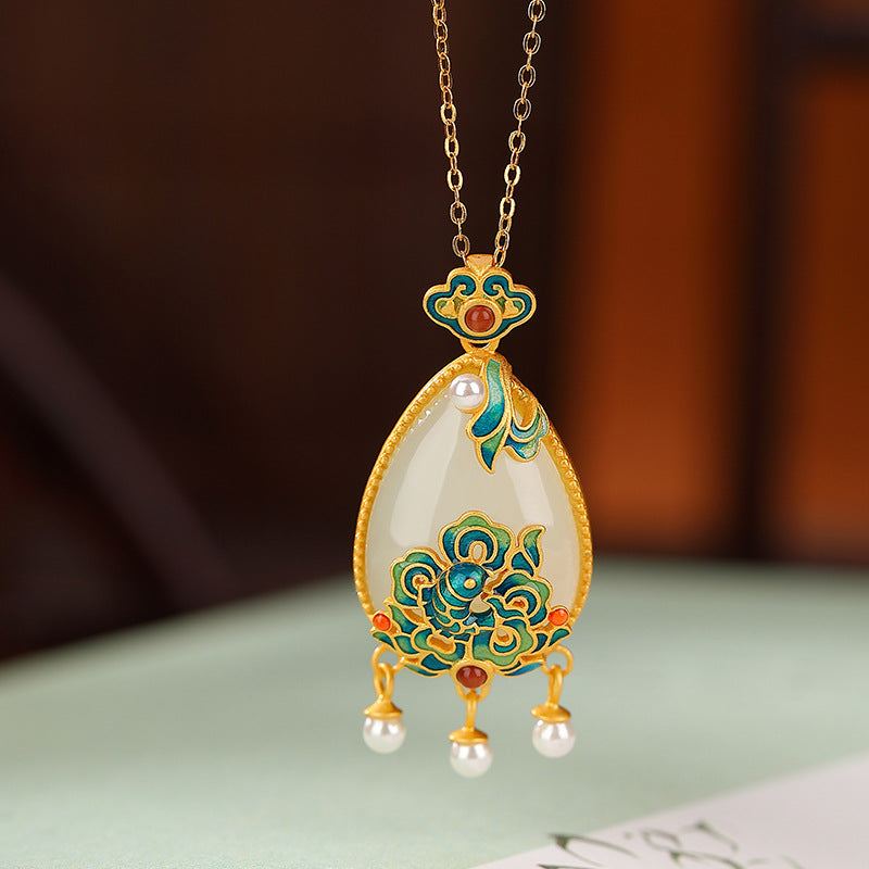 S925 sterling silver gold-plated Hetian jade national tide cloisonne carp Ruyi water drop tassel pendant