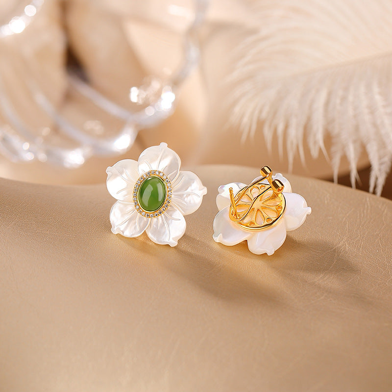 S925 sterling silver gold-plated Hetian Jasper South Red Shell Sunflower Earrings  Light Luxury Fashion Silver Earrings