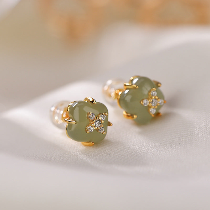 S925 sterling silver gold-plated Hetian jade green jade simple diamond-shaped temperament earrings and rings for women