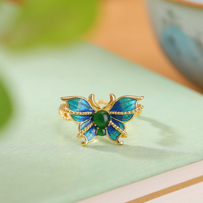 S925 sterling silver jade enamel butterfly twist ring  light luxury niche fashion high-end open ring