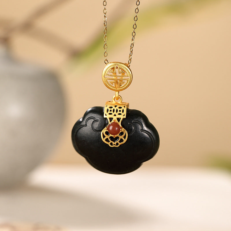 S925 sterling silver gold-plated black jade necklace Natural Hetian jade Ruyi necklace