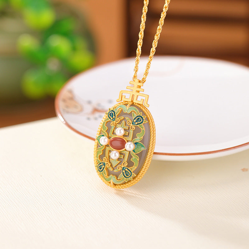 S925 sterling silver gold-plated Nanhong Hetian jade smoky purple jade national tide enamel pendant auspicious pattern egg-shaped silver pendant