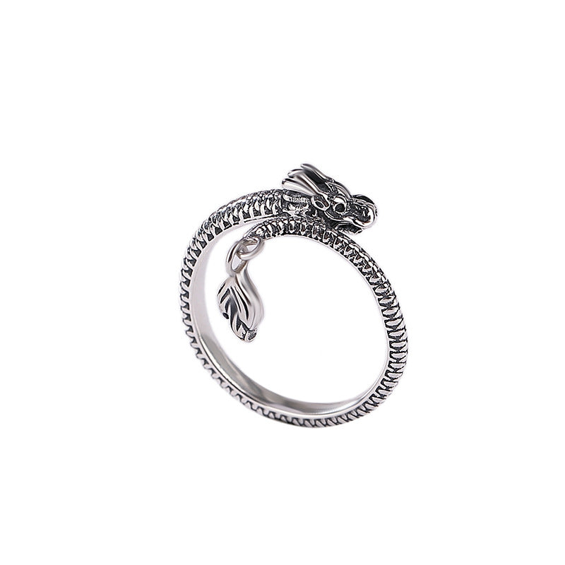 S990 Retro Chinese Zodiac Dragon Ring Personalized Silver Open Ring with Dragon Tail