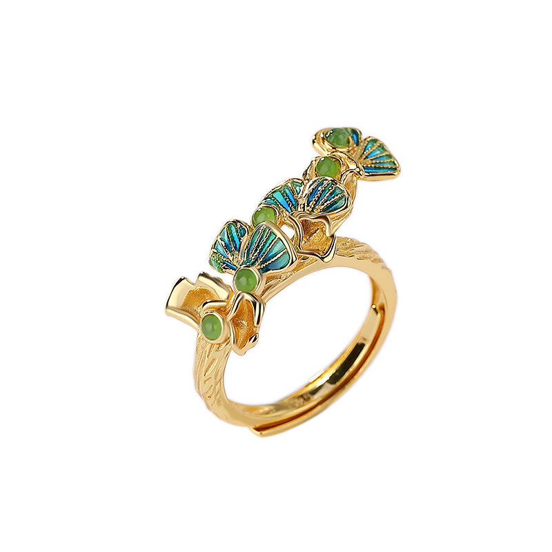 S925 sterling silver gold-plated Hetian jade jasper cloisonne ginkgo leaf ring National trend fashion elegant ring