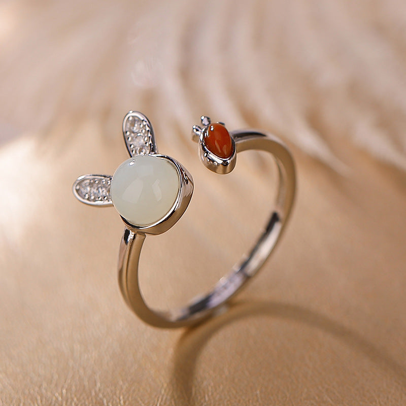 S925 sterling silver and Hetian jade South Red Rabbit open ring cute versatile simple female personality ring, earrings