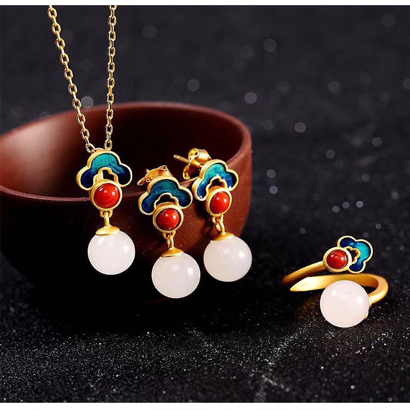 Chinese Vintage Cloud Enamel Hetian Jade Adjustable Ring Earring Necklace Set - Unique Ancient Style Jewelry