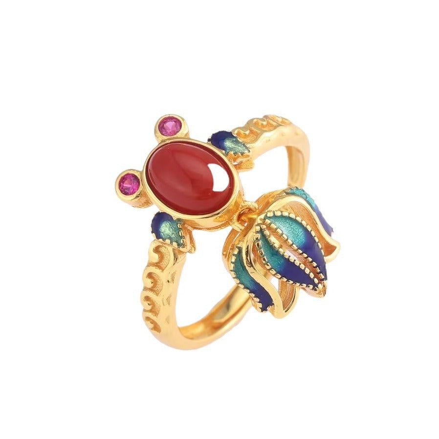 Chinese red koi ring national style temperament literary folk style adjustable ring