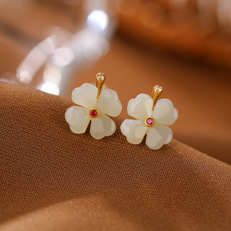 S925 sterling silver gold-plated Hetian jade lucky four-leaf clover earrings  Classic temperament earrings