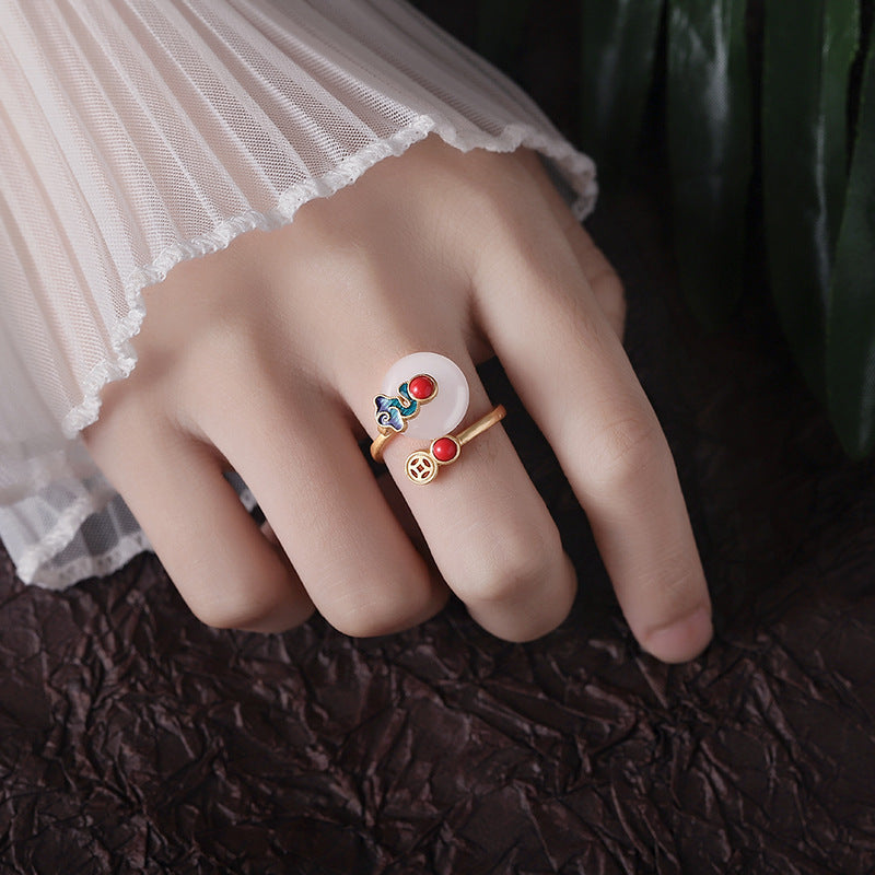 Chinese Cloud Adjustable Ring for Women - Unique Vintage Design with Enamel and Hetian Jade